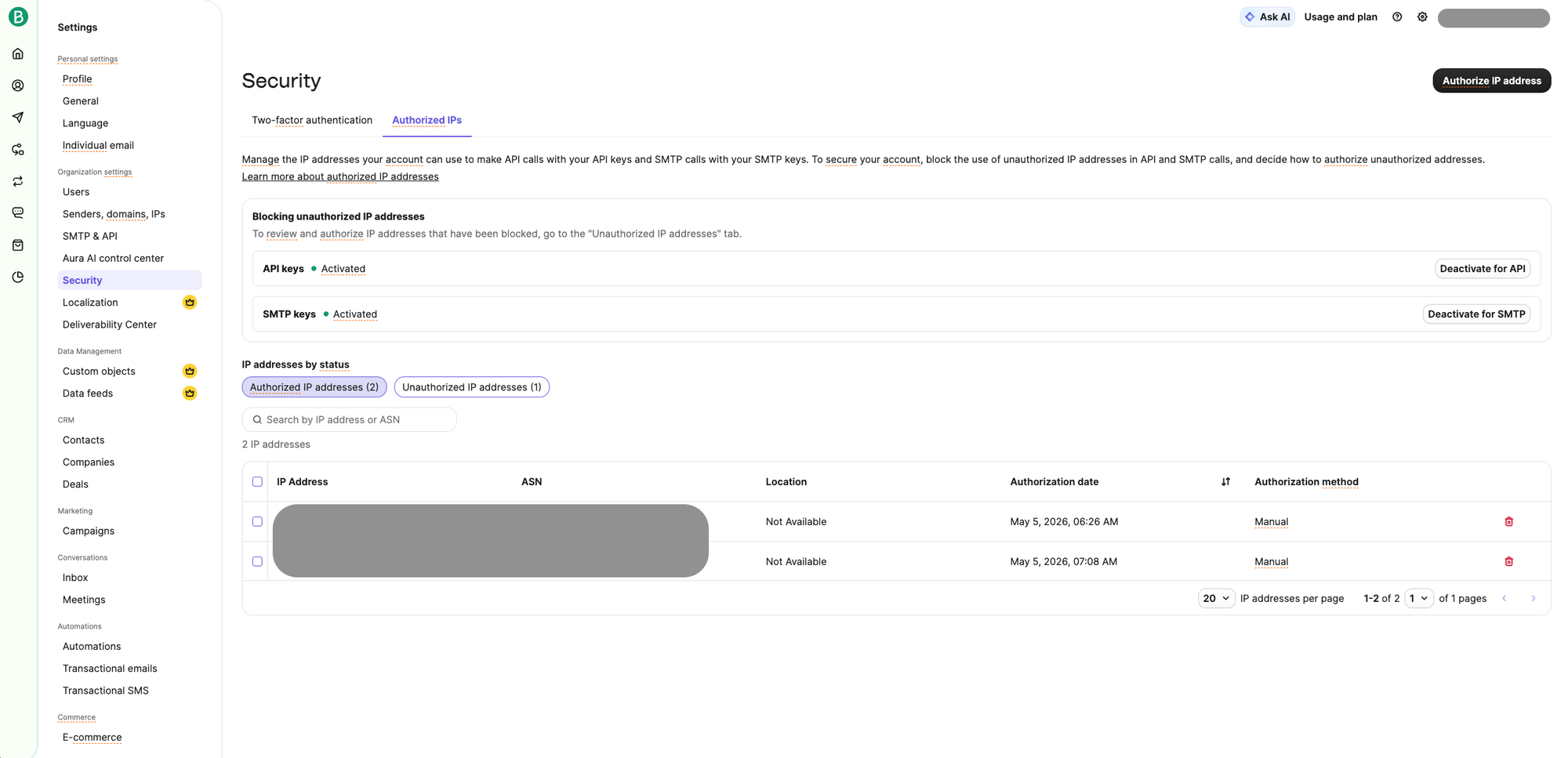 Brevo authorized IPs whitelist settings page