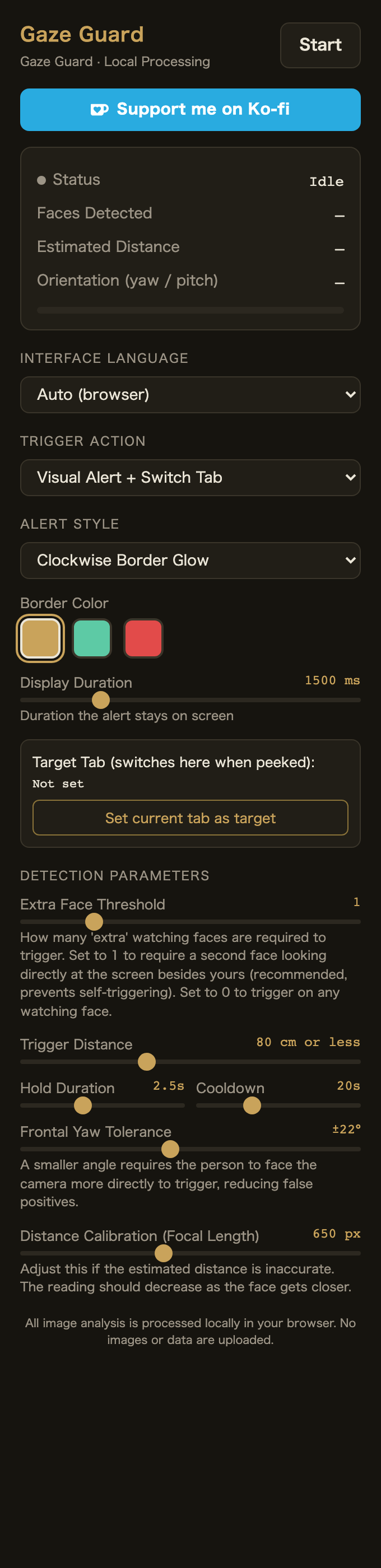 Gaze Guard settings panel before starting, status Idle