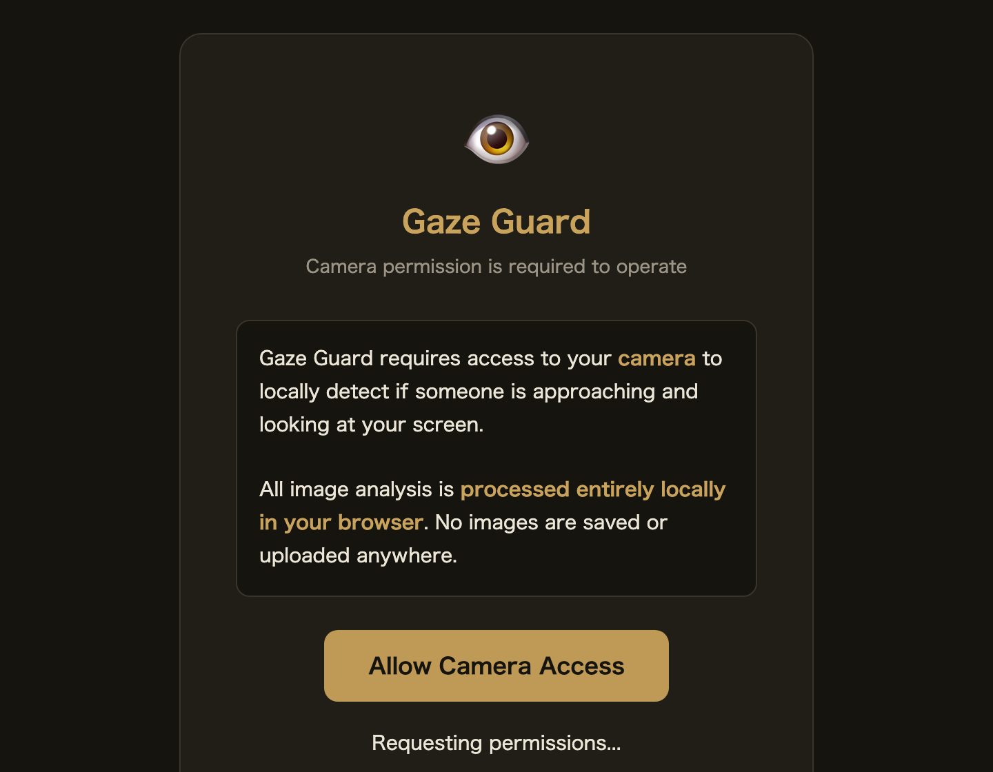 Gaze Guard camera permission page, noting frames stay local