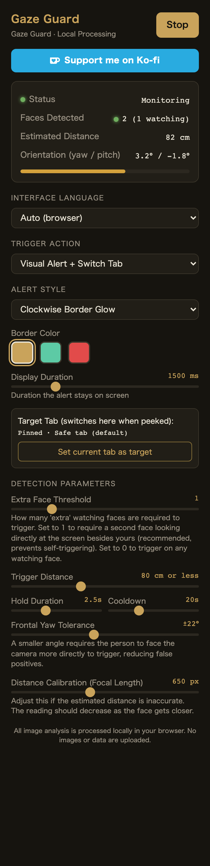 Gaze Guard panel while monitoring, showing face count and 82cm distance