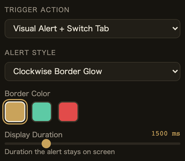 Gaze Guard settings: trigger action, alert style, color, display duration