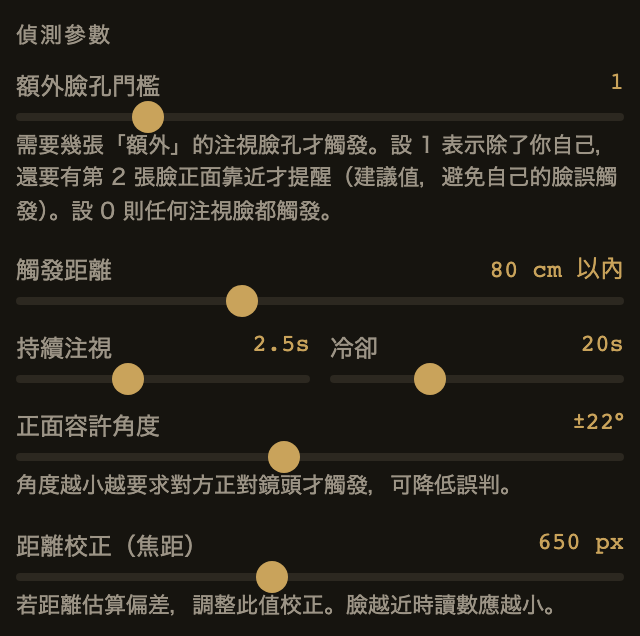 Gaze Guard 偵測參數:額外臉孔門檻、觸發距離、持續注視、冷卻、角度、焦距