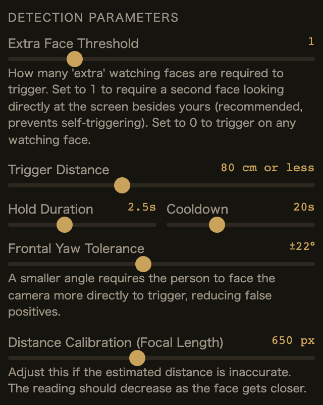 Gaze Guard detection parameters: extra face threshold, distance, hold, cooldown, angle, focal length